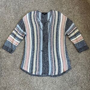 Striped Knit Pullover Sweater Pink Blue Cream Lace Up Tie 3/4 Sleeve, Size Large